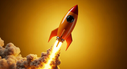 Orange rocket launching against amber background, leaving a trail of smoke and fire, symbolizing progress, innovation, and fast growth