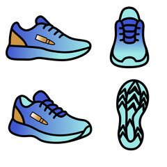 This image shows a set of 2D illustrations of a blue running shoe viewed from different angles