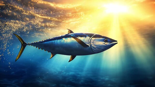 A large tuna navigates through the clear ocean water, illuminated by rays of sunlight filtering from above