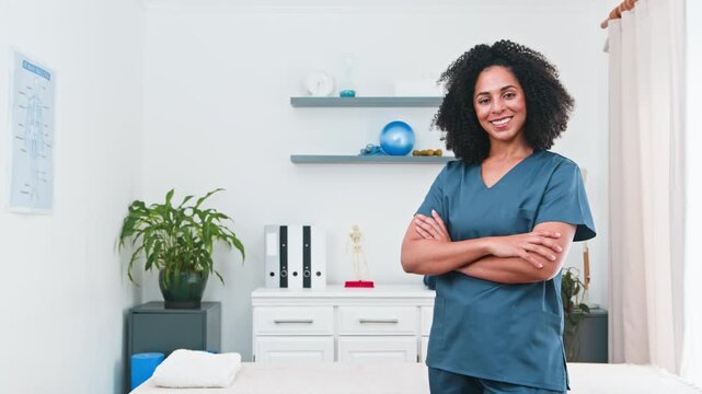 Professional Young Woman Physiotherapist Smiles Confidently in Her Modern Sports Science and Wellness Clinic