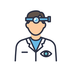Optometrist Examining Eyes: A professional optometrist in a clean lab coat, equipped with a head-worn ophthalmoscope, meticulously examines a patient's eye.