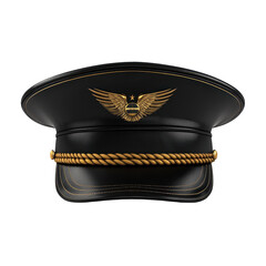 Elegant Black Leather Pilot Cap Gold Wings Emblem, isolated on a transparent background