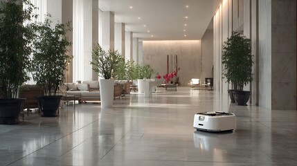 Obraz premium A robotic vacuum cleaner glides across a stylish, modern lobby filled with greenery and elegant furniture.