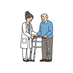 Care and Support: A healthcare professional assists an elderly individual with a walker, embodying compassion and facilitating mobility, highlighting the essence of geriatric care and supportive aid.
