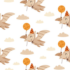 Dinosaur Birthday seamless pattern. Cute cartoon festive background for kids print