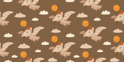 Dinosaur Birthday seamless pattern. Cute cartoon festive background for kids print