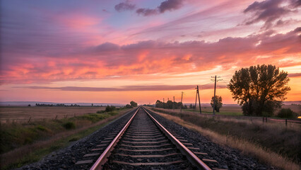 Fototapeta premium Railway track disappearing into horizon, vibrant pastel sunset, crystal sharp depth of field