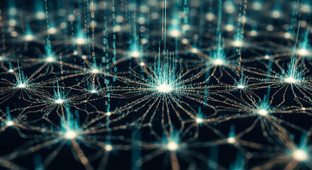 Abstract digital network visualization, glowing nodes connected by lines, binary code falling, representing data flow, connection, and technology