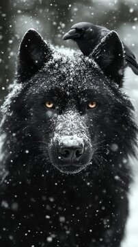 Black wolf with snow-covered fur and raven on head in snowy forest close-up.