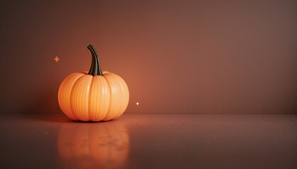 Small orange pumpkin on a reflective surface, with space for text