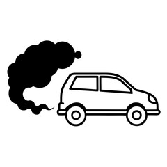 Vector art of car emitting black smoke from exhaust pipe, representing pollution and environmental issues, isolated on white background