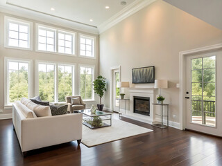 Fototapeta premium Spacious Modern Luxury Drawing Room Featuring Contemporary Furniture, Plush Seating, Statement Chandelier, Floor-to-Ceiling Windows, Neutral and Gold Accents, Artistic Wall Decor, and an Elegant Open-