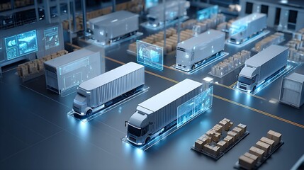 A futuristic logistics warehouse featuring three advanced trucks and digital interfaces amidst packed boxes.