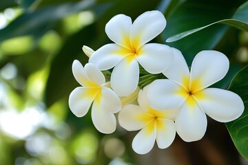 Naklejka premium Close-up of four white plumeria flowers, soft focus green leaves