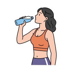 Hydration and Wellness: An illustration of a woman, with a determined and fit physique, raising a water bottle to her lips for a refreshing drink.