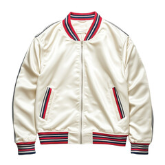 Cream Satin Baseball Jacket Red Blue Stripes, isolated on a transparent background