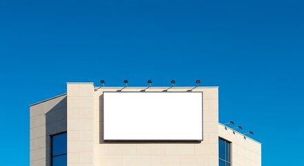 Obraz premium Sunlit Geometric Facade with a Blank Billboard Under a Vivid Blue Sky