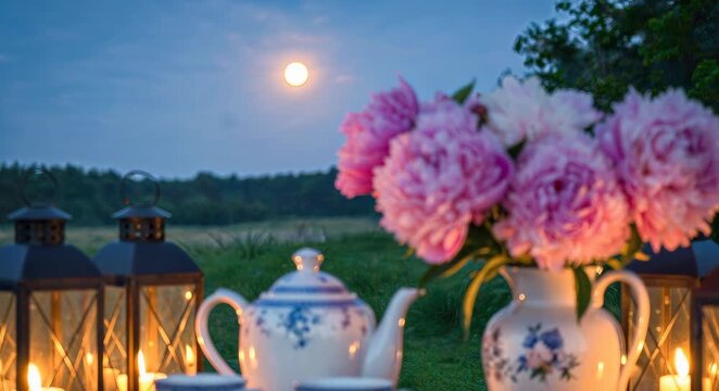 Enchanting evening tea set beneath a glowing full moon in a serene outdoor setting