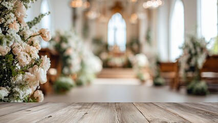wooden surface with blurred wedding aisle background