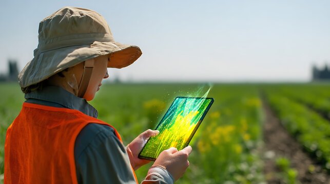 A young Asian male farmer wearing a wide-brimmed hat examines a tablet in a lush green field.