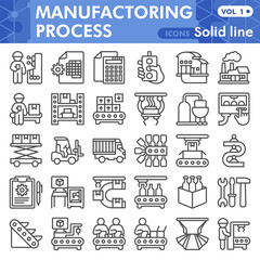 Manufacturing solid line icon set, factory, plant technology symbols collection or sketches. Equipment and logistic linear style signs for web and app. Vector graphics isolated on white background.