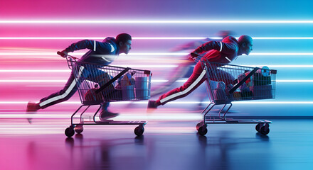 Obraz premium High-speed shopping cart racing through neon gradient background, motion blur trails, hyper sharp focus