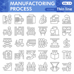 Manufacturing process thin line icon set, factory technology symbols collection or sketches. Plant equipment linear style signs for web and app. Vector graphics isolated on white background.
