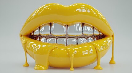 Glossy yellow lips with dripping texture and shiny chrome teeth on gray background.