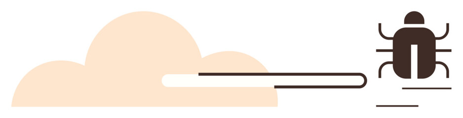 Brown bug running swiftly on pathways beside a light beige cloud. Ideal for pest control, agility, speed, minimalism, software debugging, escape, environmental awareness. Simple flat metaphor