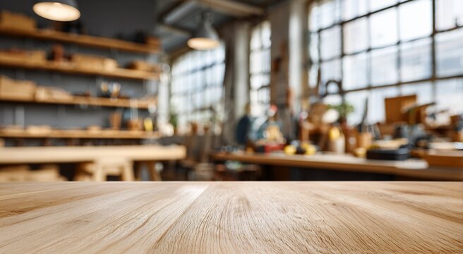 wooden table top with blurred workshop background - Powered by Adobe