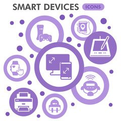 Electronic device infographic design template. Smart gadgets visualization with 8 steps bubble design on white background. Digital technology infographics for presentation. Vector illustration.