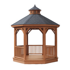 Wooden gazebo with dark gray roof outdoor structure garden decor, isolated on a transparent background