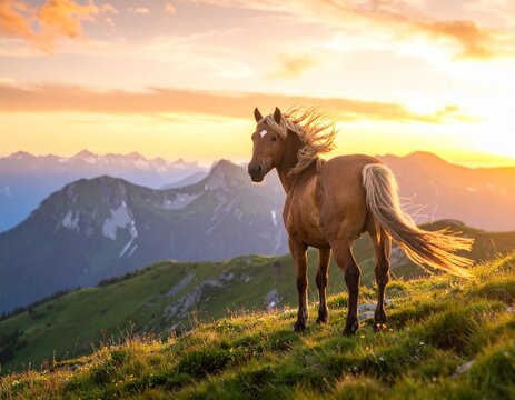 Wild stallion standing on mountain ridge, mane flowing in wind, sunset casting golde horse