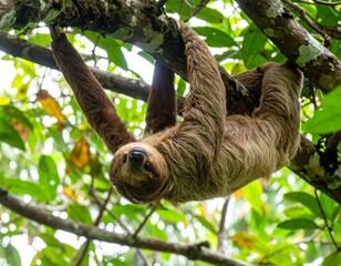 Fototapeta premium Sloth hanging upside-down from tree branch, fur illuminated by soft jungle light,