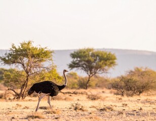 -Ostrich walking across dry savannah, long legs and neck in sharp focus, distant tree