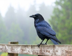 Raven perched on weathered wooden fence, glossy black feathers reflecting overcast l