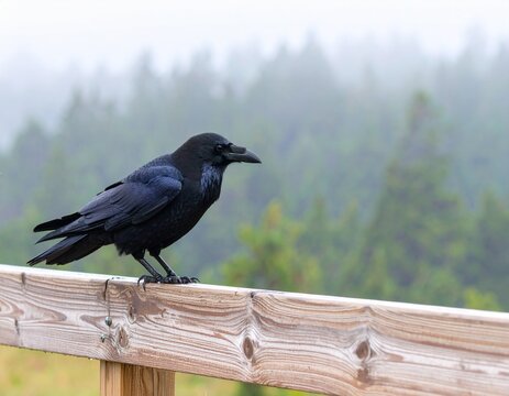 Raven perched on weathered wooden fence, glossy black feathers reflecting overcast l