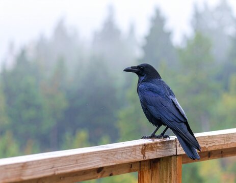 Raven perched on weathered wooden fence, glossy black feathers reflecting overcast l - Powered by Adobe