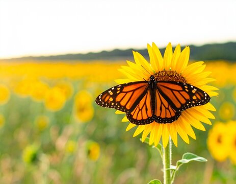 Bright orange monarch butterfly resting on a sunflower, delicate wing veins visible - Powered by Adobe