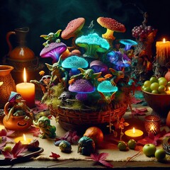 A goblin’s banquet featuring strange and exotic glowing fungi