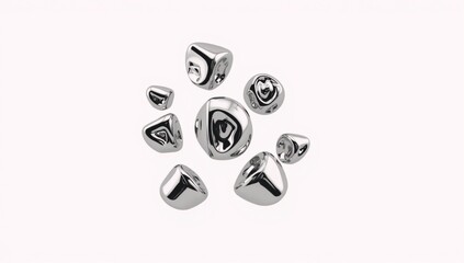 Chrome metallic abstract 3D shapes on a white background