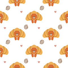 Bear in croissant cartoon so cute. On heart background. Pattern seamless vector illustration. 