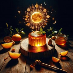A golden honey cake infused with solar energy, glowing under moonlight