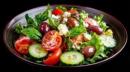 Fresh Healthy Salad with Cherry Tomatoes, Cucumbers, Olives, and Greens in a Black Plate on Dark Background
