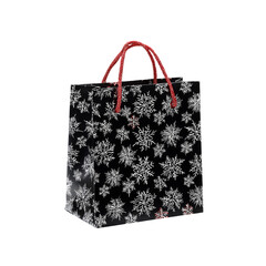  festive shopping bag, adorned with snowflake patterns and a red handle, perfect for gift-giving  isolated on white background