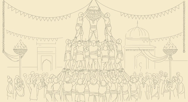 Outline illustration of Dahi Handi celebration during Janmashtami festival in India