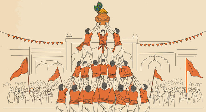 Janmashtami festival dahi handi celebration scene depicting human pyramid tradition