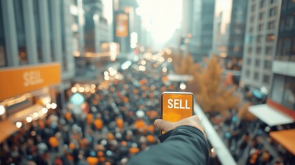 Person Holding Smartphone with Sell Text Overlooking Crowded Urban Street During Daytime