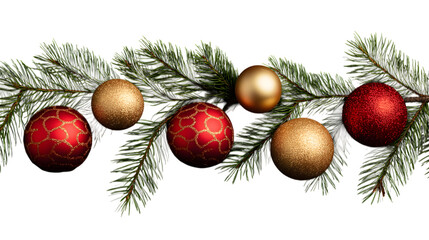 Festive Christmas ornaments adorning vibrant evergreen branch  isolated on white background