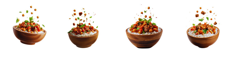 Four wooden bowls with white rice and chickpea meat curry Fresh herbs and chickpeas fall enhancing the savory nutritious